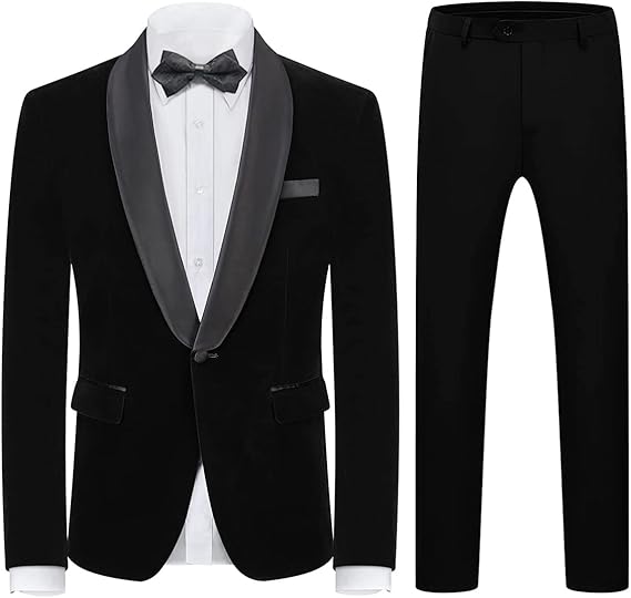 Mens Velvet Suits Slim Fit 2 Piece Tuxedo Suit for Men Solid One Button Shawl Lapel Blazer Jacket & Pants Set for Wedding