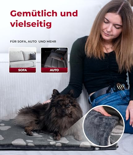 HS-Hundebett® Hundedecke S (55x75 cm) – rutschfest und gemütlich Dank 3 cm Füllung – Perfekt fürs Sofa, Auto & Hundebox – Pfote Anthrazit, Made in DE