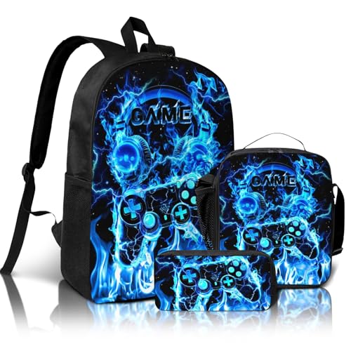 Game Bookbag Kids Backpack Set for Boys Game School Bag 3pcs Gamer Boy Backpack with Lunch Box and Pencil Case for Boys Children Teen Elementary Middle School Video Game Bookbag for Ages 6-18 Kids
