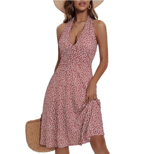 DeaAmyGline Neckholder Kleid Damen Sexy Sommerkleid Blumenkleid Strandkleid Ärmelloses V Ausschnitt Blumen Elastische Taille Rüschen Boho Kleider...