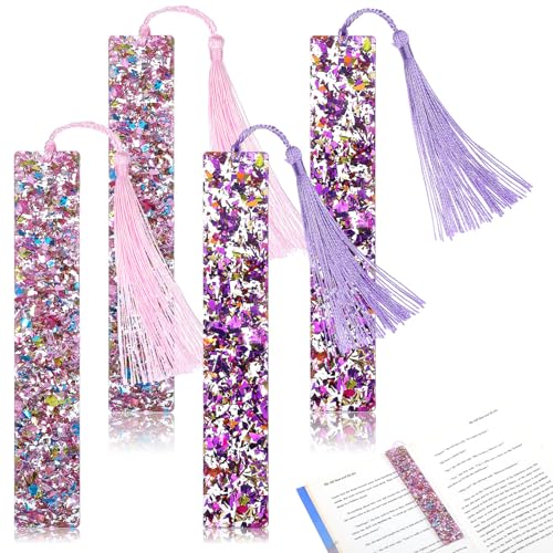 DOPENSPI 4 Stück Glitzerpulver Lesezeichen Kristallharz Harz bookmark mit Bunter Quaste lila+rosa Lesezeichen aus Kunstharz ästhetische Seitenmarkierung Geschenk für Frauen Teenager Kinder