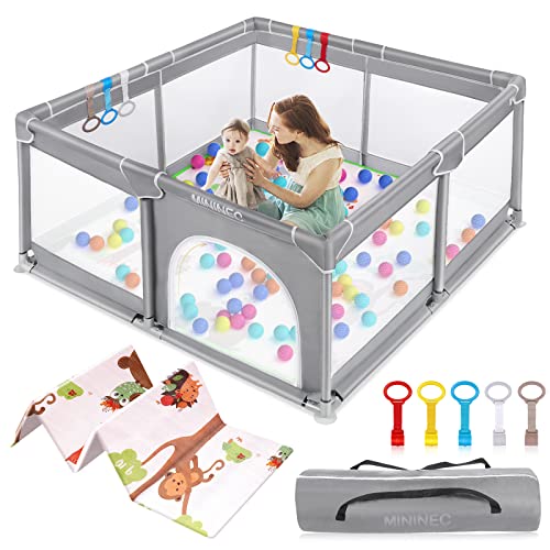 Image of Baby Playpen with Mat,Baby Playpen for Babies and Toddlers,Kids Playard Activity Center with Anti-Slip Design,Zipper Gates with Visible Mesh,Hand Rings… (Dark Grey, 50 * 50 * 27inch)