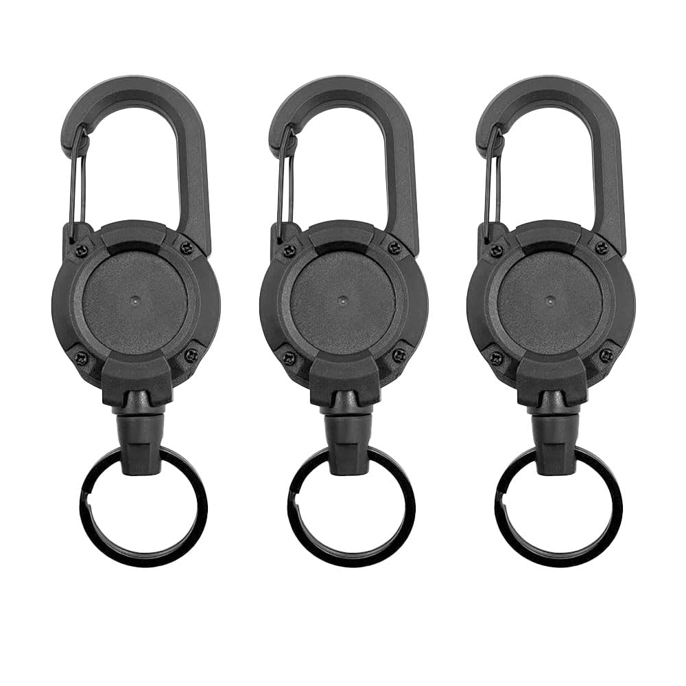 Vaniika Heavy Duty Retractable Keychain, 3 Pack Retractable Badge Reels with 23.6'' Steel Cord, Black U-Shape ID Badge Holder Reel for Outdoor