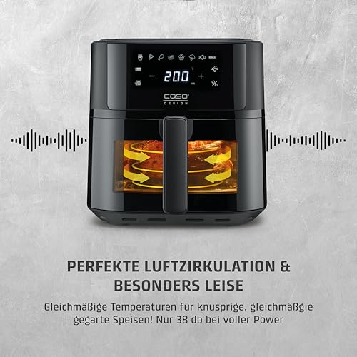 CASO AirFry 6.0 - Heißluftfritteuse, Airfryer, 6 Liter, Timer, Besonders Leise 38 db, Shake-Reminder, 8 praktische Voreinstellungen, Touch Bedienung, Edelstahl Innenraum, Schwarz