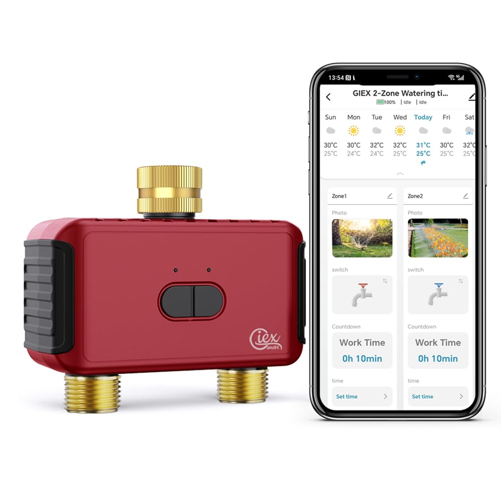 Giexsmart Wi-Fi 2-Zone Watering Timer Giex Wifi 2 Zone Sprinkler Timer Gx-03, Smart Water Timer For Garden Hose Tap, App Control Via Tuya Smart & Smart Life, Works With Alexa & Google Assistant, Full Brass Connectors, 2.4Ghz Wifi