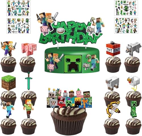 26 Stück Tortendekoration Cake Topper Set + 4 Blätter Temporäre Tattoos für Kinder Kuchen Deko Muffin Deko Tortenaufleger Cupcake Topper Deko Kindergeburtstag Party Geburtstag Deko
