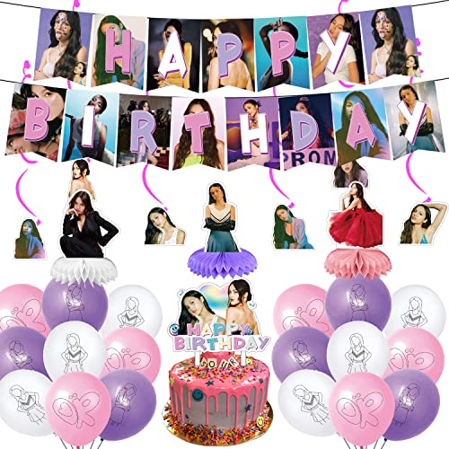 35 Pieces Olivia Singer Rodrigo Party Decoration, Include Olivia Singer Rodrigo Birthday Banner Honeycomb Centerpieces Cake Topper Party Latex Balloons for Pop Singer Birthday Party Supplies