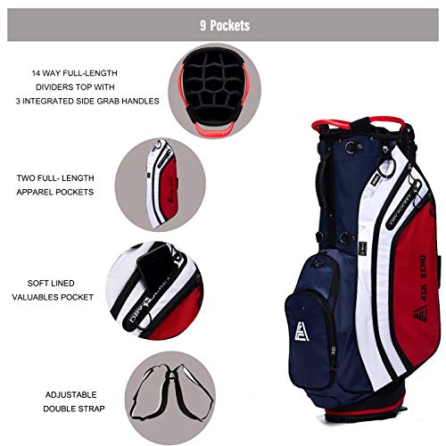 ASK ECHO Lightweight Golf Stand Bag with 14 Way Full Length Dividers Including Oversize Putter Tube, 9 Pockets, with Rain Cover, Navy Blue