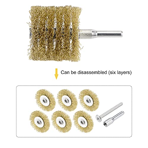 Image of uxcell Wire Wheel Brush, 2 inch x 1.73 inch Stainless Steel Brass Plated Coarse Crimped Wire 0.012 inch with 1 /4 inch (6mm) Round Shank for Cleaning Rust Stripping Abrasive