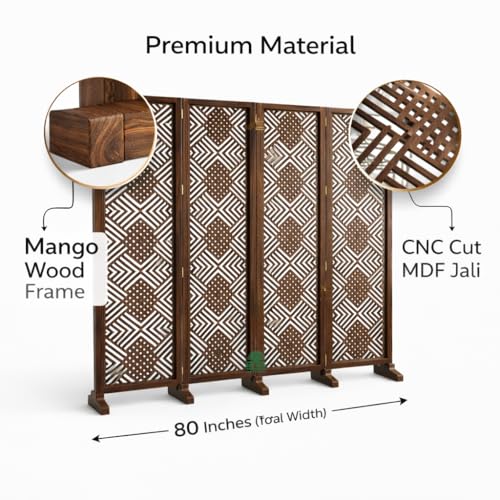 Image of Wooden Room Divider 6 Feet, 4-Panel Folding Wooden Partition for Living Room, Office, Pooja Room, Restaurant, Kitchen & Balcony (2W x 1.82H Meters). (Brown-Mixed Design)