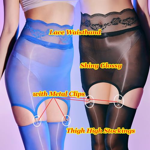 Women's Sexy 8D Nylon Sheer Suspender Pantyhose Oil Shiny Glossy Suspender Tights with 4 Metal Clips2