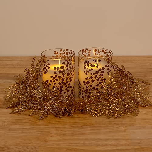 Image of LumaBase Battery Operated LED Glass Candles with Flickering Flame, Gold Fern - Set of 2