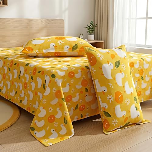 Image of Story@Home Duck Theme Kids Double Bedsheet 225x250 cm with 2 Pillow Covers | Cotton Feel 180 TC Soft Fabric | Duck Yellow Cute Cartoon Design | Breathable & Comfortable