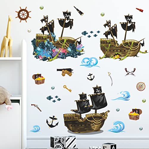 4 Sheet Pirate Ship Wall Sticker Shipwreck Wall Decal Diy Self-Adhesive Waterproof Waves Treasure Fish Hook Pearl Coral Reef Wall Art Decoration For Kitchen Bathroom Kids Boys Bedroom Playroom Nursery (A) #TOP2