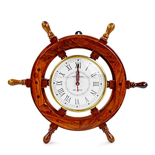 Image of Nagina International Nautical Handcrafted Wooden Premium Wall Decor Wooden Clock Ship Wheels | Pirate's Accent | Maritime Decorative Timekeeper (18 Inches, Clock Size - 6 Inches)