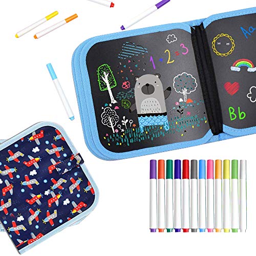 Here Fashion Portable Erasable Drawing Board for Kids, Double Sided Reusable Sketchpad Painting Book with 12 Colored Erasable Pens, 8×8 inches 14Page - Airplane