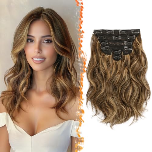 BARSDAR Clip en Extensiones de Cabello, 30cm Corto Highlight Extensión de Pelo para Mujer 6 Piezas Rizado Natural Sintética Clip en Postizos Cabello Extensiones   Marrón con Miel Rubio