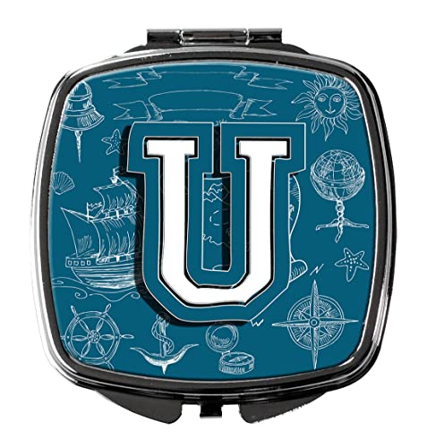 Caroline's Treasures CJ2014-USCM Letter U Sea Doodles Initial Alphabet Compact Mirror Decorative Travel Makeup Mirror for Women Girls Gifts Pocket Makeup Mirror Folding Handheld