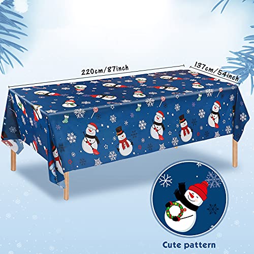 Irenare 3 Pieces Christmas Snowman Tablecloth Winter Snowman Table Cover Plastic Disposable Snowflake Holiday Party Table Cloth for Xmas New Year Party Decorations Supplies, 54 x 108 Inch (Blue) – Image 3