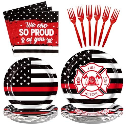 96 Pcs Firefighter Party Supplies Official Thin Red Line Flag Pattern Plates and Napkins Fire Truck Red and Black Graduation Plates for EMT Firefighter Retirement Graduation Birthday Party Decorations