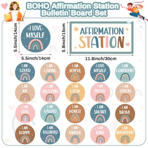 Image of BOHO Affirmation Station Bulletin Board Set Rainbow Positive Bulletin Board for Classroom Mirror Growth Mindset Decoration Inspirational Motivational Accent Cutouts for Home School Teacher Wall Supply