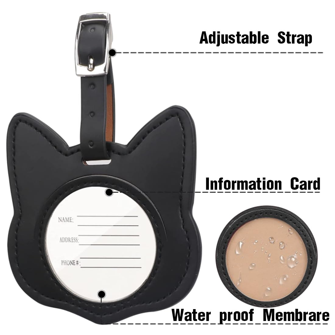 Etichette Valigia In Pelle Con Gatto - Set 2 Pezzi Rosa E Nero Per Identificazione Bagagli