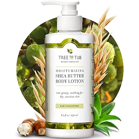 Tree To Tub Unscented Shea Butter Body Lotion for Dry Skin - Fragrance Free Sensitive Skin Lotion for Women & Men, Vegan Body Moisturizer w/Organic Aloe Vera, Cocoa Butter, Natural Colloidal Oatmeal Cover