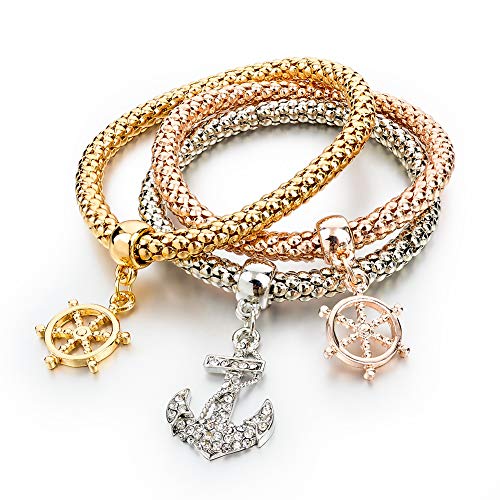 Long Way 3Pcs Gold Silver Rose Gold Plated Charm Bracelet for Women Stretch Crystal Multilayer Bracelet (Anchor)