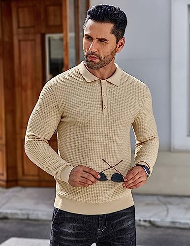 Coofandy Men'S Long Sleeve Polo Shirt 3 Button Up Knit Sweater Polo Lightweight Fashion Golf Tee Shirts Apricot thumb #4