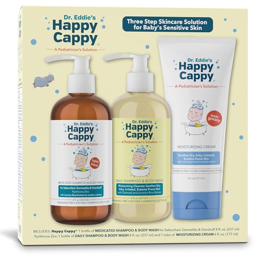 Image of Happy Cappy Dr. Eddie's 3 Step Skincare Solution for Baby's Sensitive Skin | for Cradle Cap, Seborrheic Dermatitis, Dandruff, Dry, Itchy, Irritated, Eczema Prone Skin, Gift Box Set, 3 Pieces