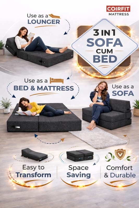 Image of Coirfit (4-in-1 Three Seater Sofa Cum Bed (1 Year Warranty) with 3 Free Cushions | Folding Sofa, Bed, Lounger, Diwan | Removable Washable Cover | Compact & Lightweight -Dark Grey 5x6 Feet