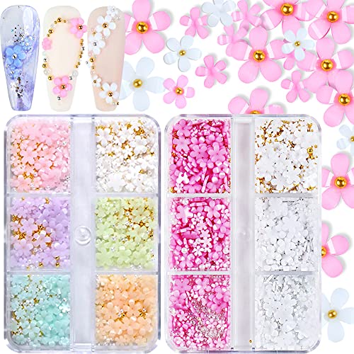 3D Flower Nail Charms, 2 Boxes 3D Acrylic Flower Nail Art Charms and Gems White Pink Mixed Cherry Blossom Spring Rhinestones Acrylic Nail Supplies with Pearls Manicure DIY Nail Decorations