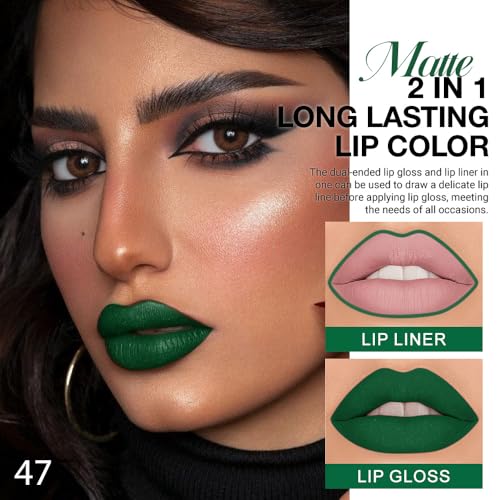 Image of evpct 1Pcs Shimmer Green Matte Lip Liner & Liquid Lipstick Stain Makeup Set for Women, Green Lip Liner Stain Long Lasting Waterproof Smudge Proof, Cruelty Free Lip Stick Makeup 24 hours originales, 47