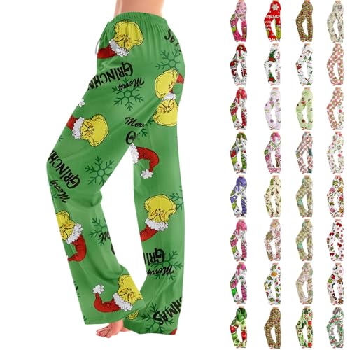 Womens Christmas Pajama Pants Funny Holiday Clothes Elastic Waist Drawstring Bottoms Loose Fit Wide Leg Pj Pants with Pockets,Pantalones De Pijama Navidad,Women's Sleepwear,Large