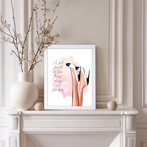 Image of Poster Master Classy And Fabulous Poster - Fashion Print - Positive Quote Art - Trendy Art - Modern Art - Gift for Women & Fashionista - Wall Decor for Bedroom or Girl's Room, 8x10 White Framed