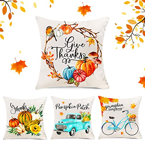 Herbst-Kürbis-Kissenbezüge 4er-Set, Thanksgiving Wurfkissenbezug Herbstdekorationen Bauernhaus Kissenbezug 45,7 x 45,7 cm für Heimdekoration Cover