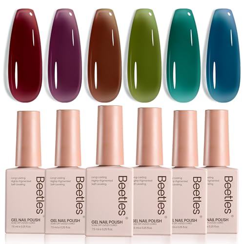 Beetles Midnight Syrup Jelly Gel Nail Polish Set - 6 Colors Jelly Gel Polish Kit Mocha Brown Burgundy Red Purple Green Blue Sheer Translucent Effect Soak Off UV Nail Art Manicure Gift for Women