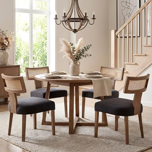 Image of HNY Mid Century Modern Rattan Dining Chairs Set of 4, Farmhouse Linen Upholstered Accent Chair Curved Backrest Kitchen Chairs, with Hardwood Frame, Charcoal