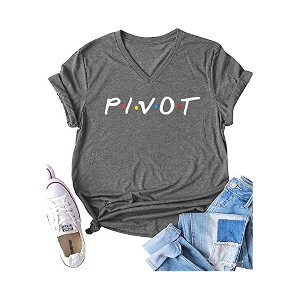 AEURPLT-Women-Teen-Girls-Pivot-Funny-Cute-Graphic-T-Shirt-Theme-Party-Tees Womens Teen Girls Pivot Funny Cute Graphic T Shirt V Neck Short Sleeve Summer Tees Tops Grey