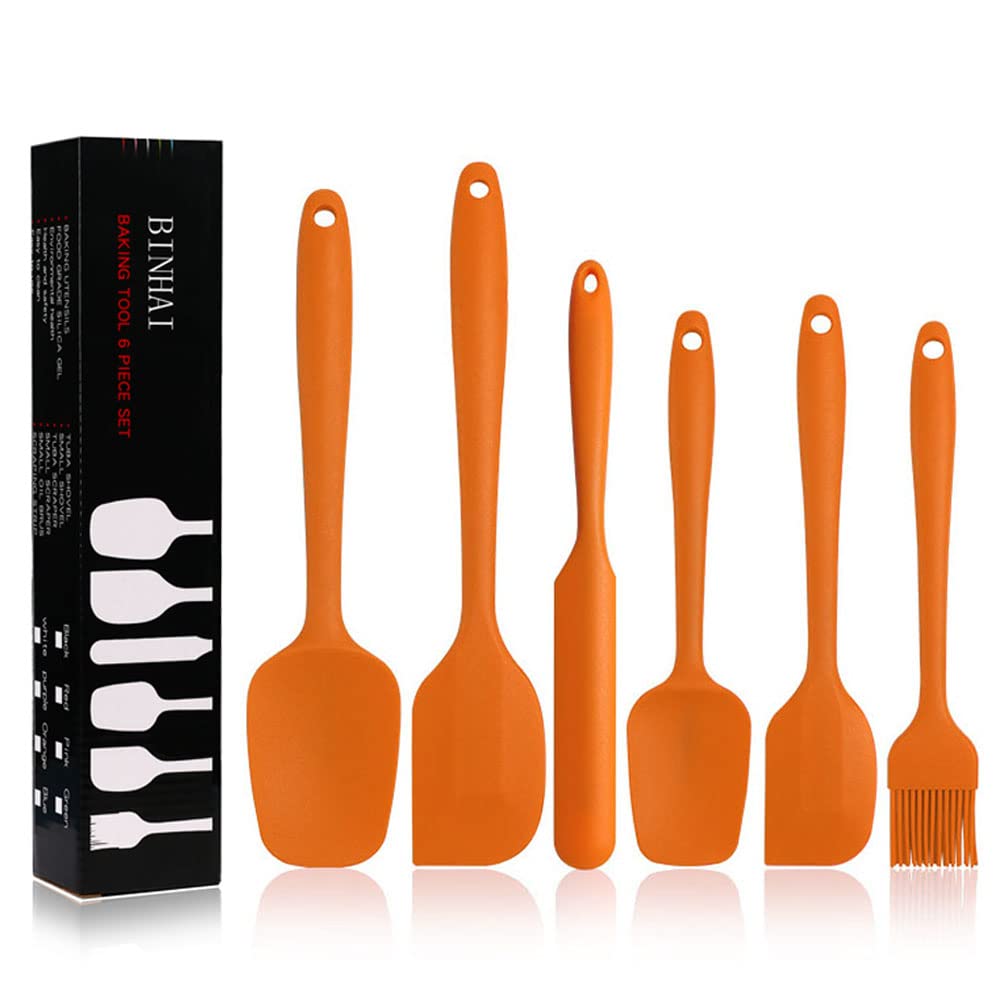 BINHAISilicone Spatula Set - Orange 6 Piece Non - Stick Rubber Spatula with Stainless Steel Core - Heat-Resistant Spatula Kitchen Utensils Set for Cooking, Baking and Mixing