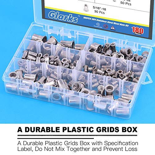 Glarks Nietmuttern, Sortiment aus 304 Edelstahl, Flachkopf-Gewindeeinsätzen, 180 Stück, #8-32#10-24 1/4-20 5/16-18 3/8-16 UNC-Nietmuttern, Set