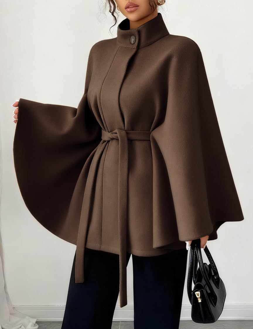 Mywinway Batwing Sleeve Cape Coat for Women Fall Winter Trendy Shlaw Poncho Peacoat Casual Belted Cloak Cape Wool Jackets