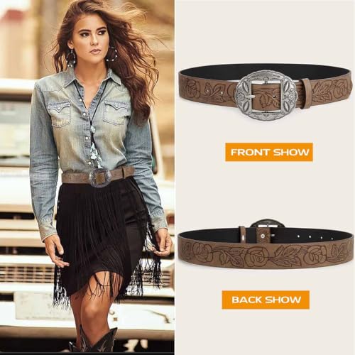 Yalice Brown Western Belts for Women Vintage Buckle Cowgirls Belt for Jeans Men Cowboys Country Leather Belt4