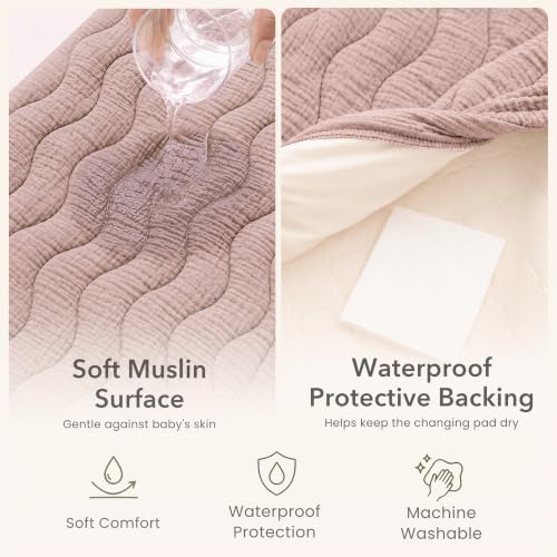 Image of Konssy 2 Pack Quilted Muslin Changing Pad Cover, Waterproof Layer 32 inch x 16 inch | 100% Cotton Surface with Silent Protection, Soft Changing Table Sheets, for Baby Boys and Girls (Biscotti)