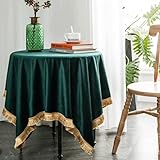 Picture of FAIRY KAARI Velvet Tablecloth Luxurious Green Rectangle Table Tablecloth Thickset with Luxurious Gold Tassels Table Cloth for Home Decor Christmas Wedding, Party, Banquet and Events 36X36inch