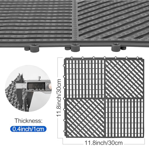 Image of ToLanbbt Modular Interlocking Cushion 12P 11.8 inch x 11.8 inch Interlocking Rubber Floor Drain Holes Non-Slip Splicing Drainage Mats for Deck, Shower, Kitchen, Drain Pool, Sauna Bath (Dark Grey, 1 Rows Dots)