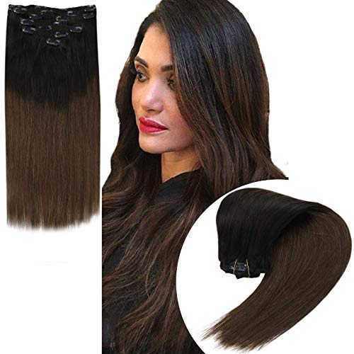 VeSunny Ombre Black Clip in Hair Extensions Color Black Ombre Brown Clip in Human Hair Extensions Sew in Weft Hair Extensions Human Hair Ombre Clip in Hair Extensions Thick,70pcs 100G 18inch