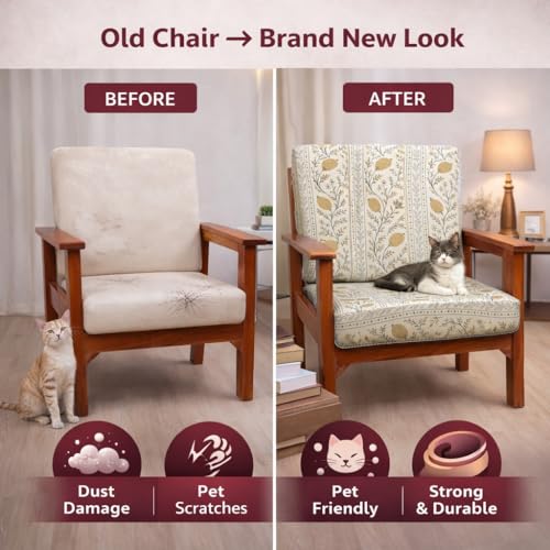 Image of STITCHNEST 'Contour Fit Series' Stretchable Printed Wooden Sofa Cover (Pack of 4) - Elastic Wooden Chair Cover | Wooden Sofa Seat Cover | Size - 20-21 x 20-21 x 3-5 in