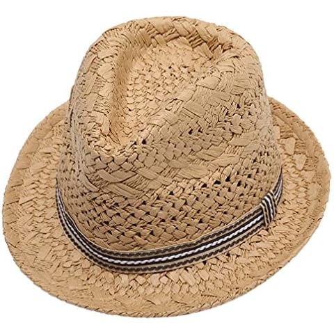 Women & Men Raffia Straw Fedora Sun Beach Hat Short Brim Straw Panama Hat for Summer, Khaki, M Cover