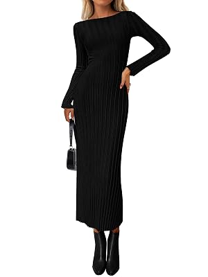 PRETTYGARDEN Womens Sweater Dress Fall 2025 Casual Boat Neck Long Sleeve Pullover Ribbed Knit Bodycon Maxi Sweater Dresses